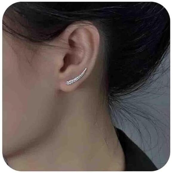 Boho Hammered Bar Ear Climber Earrings | Silver Textured Crawler Studs - Picture 1 of 6